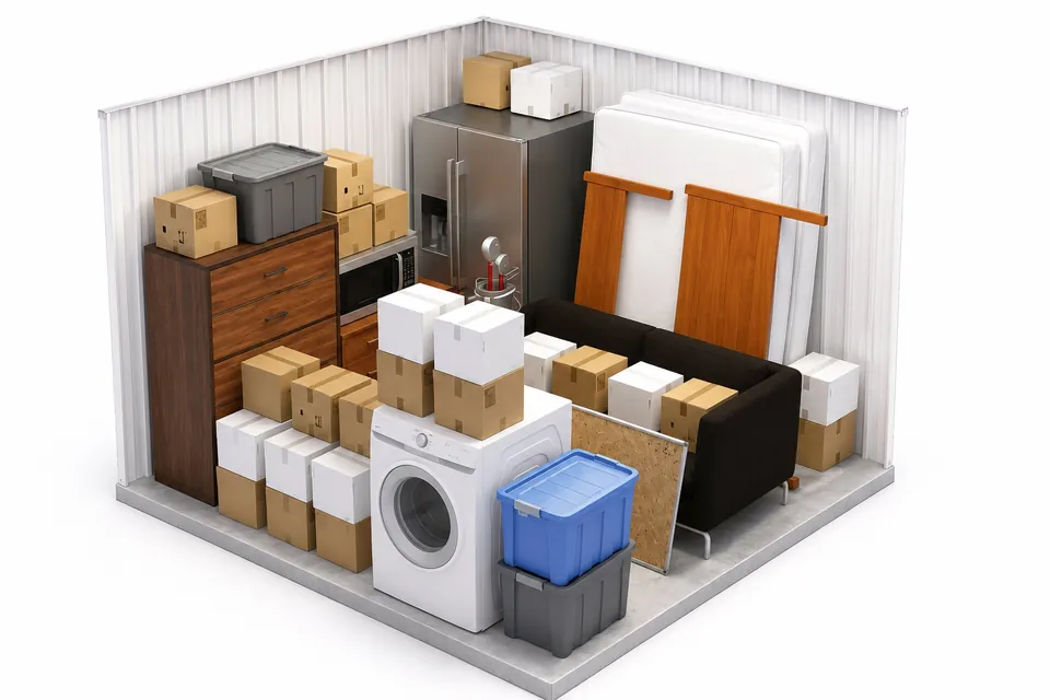 A 10x10 storage unit packed for long-term storage with labeled bins and covered furniture