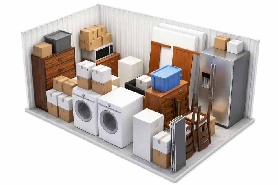 A two-bedroom apartment's furniture and boxes staged in a 10x15 storage unit