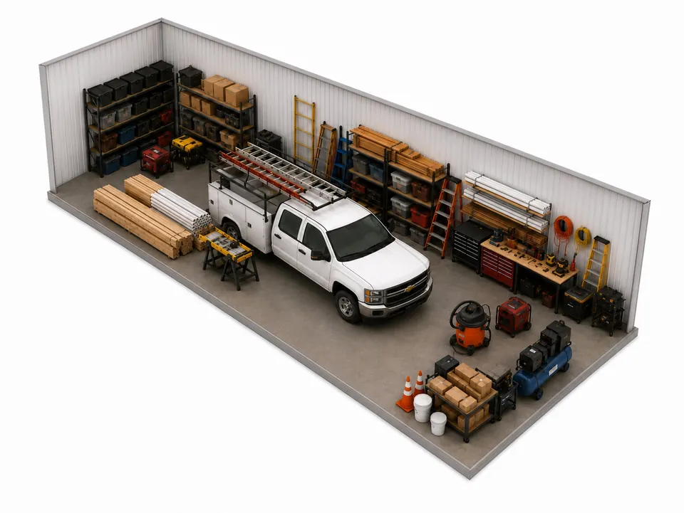 A boat on its trailer stored indoors in a large drive-up unit
