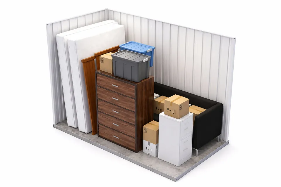 A dorm room's worth of belongings in a storage unit: mattress, dresser, loveseat and boxes